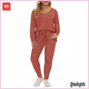 Plus Size Long Sleeve Tracksuit Set, V-Neck Top & Leggings, Polyester Spandex